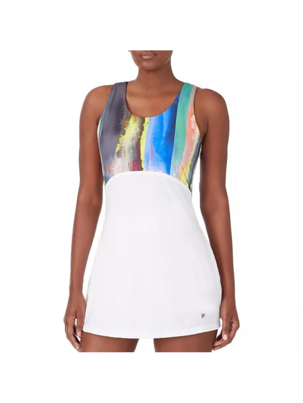 White Swim Dress with Multicolor Painted-Stripe Bodice